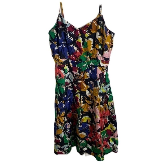 J.Crew 100% Silk Colorful Brush Stroke Paint Dress Sz 6 Petite Green Yellow - Picture 1 of 8